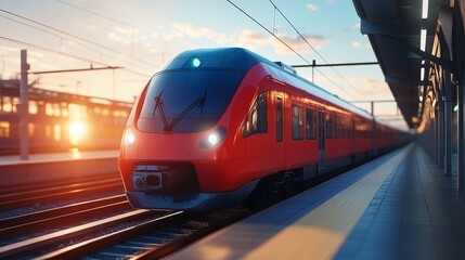 Fototapeta premium A vibrant red train arrives at the platform during a beautiful sunset, showcasing modern transportation and efficient travel.