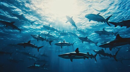 Naklejka premium A school of sharks swimming in formation with a vast ocean background. The clear, open water around them provides plenty of space for copy.