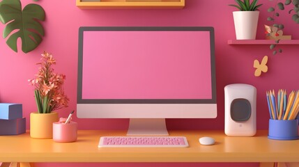 A vibrant workspace featuring a sleek computer and colorful decor, perfect for inspiration and creativity.