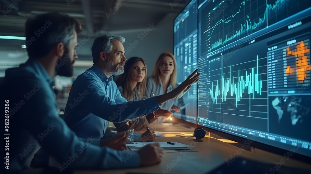 Aufkleber tech team analyzing financial data dashboard on large display