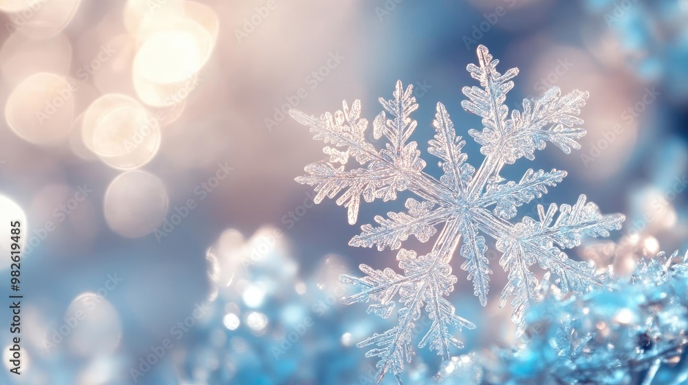Poster close-up of an intricate snowflake glistening in soft winter light, showcasing delicate patterns and