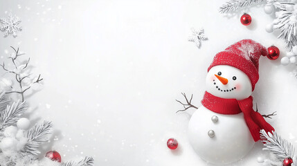 Fototapeta premium Snowman with Red Hat and Scarf on Winter Background