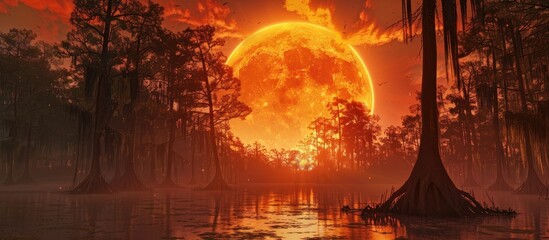Fototapeta premium Huge Orange Sun Setting Behind The Cypress Trees In A Swamp
