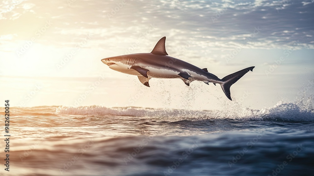 Poster a shark captured mid-leap out of the water with a clear sky in the background. the open space around