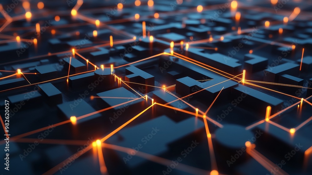Poster abstract network illustration showcasing interconnected nodes and pathways with vibrant glowing line