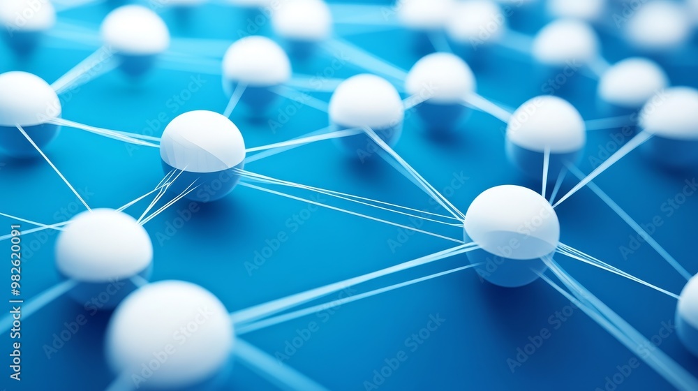 Poster abstract network representation with white spheres connected by lines, symbolizing communication and