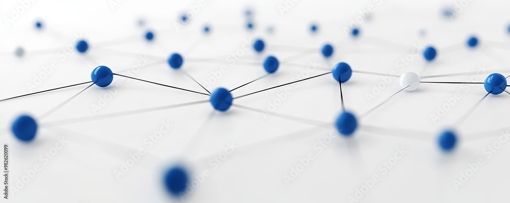 Poster abstract network illustration featuring blue and white nodes connected by lines on a light backgroun
