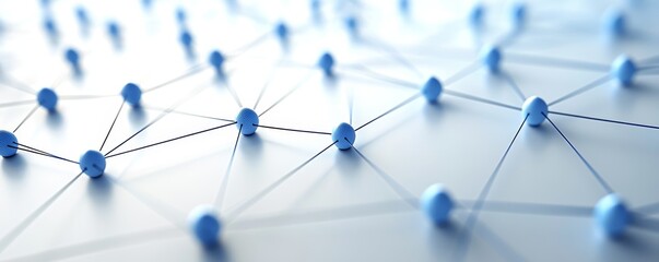 Abstract network design with blue nodes and connecting lines on a light background for technology and communication concepts.