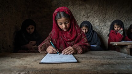 Young girl in a red hijab concentrates on her writing in a rustic classroom setting, with other girls in the background also focused on their studies. Third World countries, the concept of poverty and