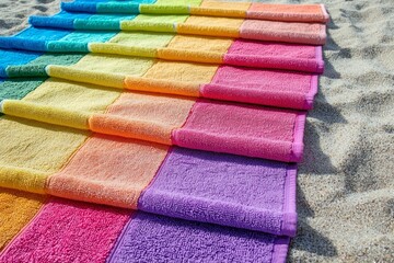 Brightly colored beach towels arranged in alternating colors on a sandy shore. 