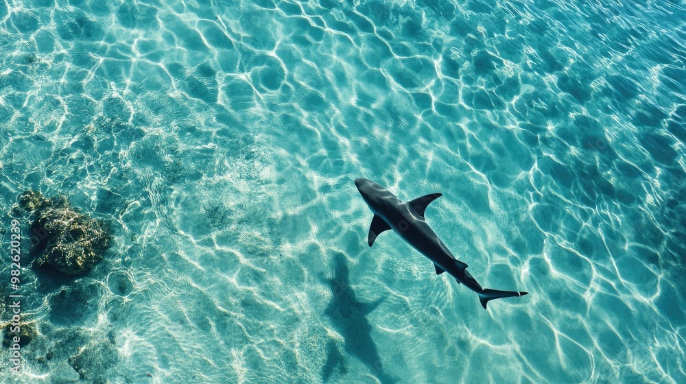 Poster a shark circling in a crystal-clear lagoon with ample empty water around. the surrounding clear spac