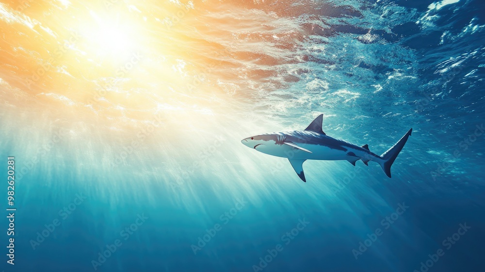 Poster a shark gliding effortlessly through a sunlit part of the ocean with a clean, open water background 