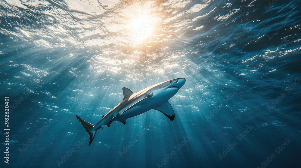Poster a shark gliding effortlessly through a sunlit part of the ocean with a clean, open water background 