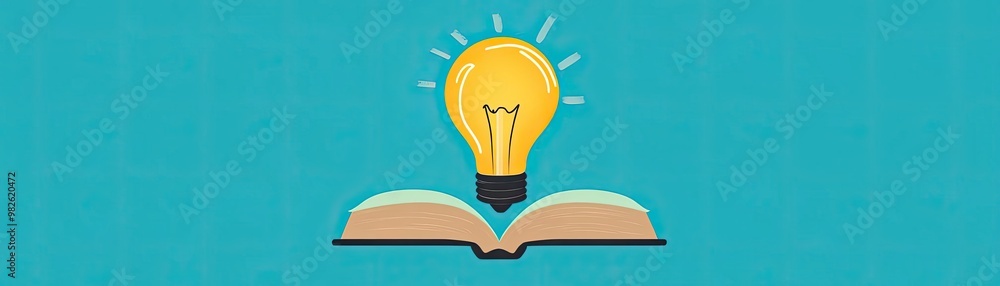 Poster an open book with a glowing light bulb above it, symbolizing knowledge and creativity in a vibrant s