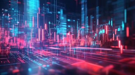 Futuristic digital cityscape with vibrant neon lights and glowing data streams, symbolizing technology and innovation.