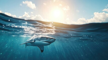Fototapeta premium A shark swimming close to the ocean surface with a bright, clear sky above. The open water space around the shark is ideal for text