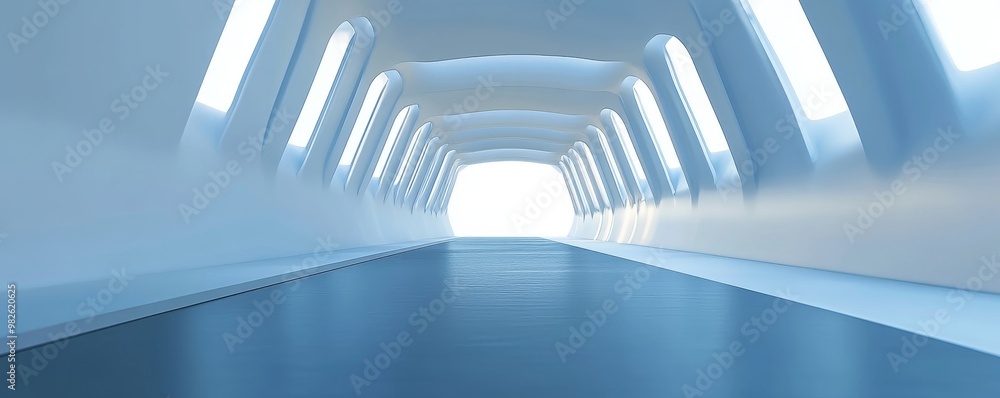 Poster an abstract and futuristic tunnel with bright light at the end, evoking a sense of adventure and mod