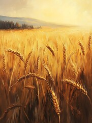 Golden Wheat Field at Sunset in Warm Colors