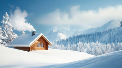 A cabin in the woods with a chimney and a window