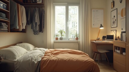 Fototapeta premium A small bedroom with a neatly made bed, open closet, and a study desk by the window. The design focuses on maximizing space and functionality for a compact lifestyle.