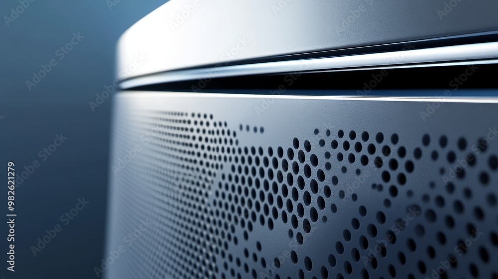 Poster close-up of a modern metallic surface with perforations, showcasing sleek design and advanced techno
