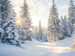 Fototapeta premium A snowy forest with trees covered in snow. The sun is shining through the trees, creating a warm and inviting atmosphere