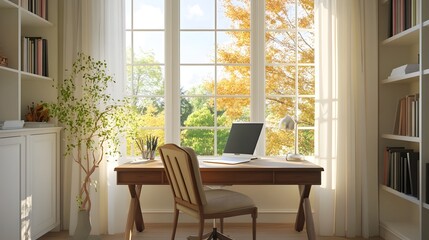 Cozy Home Office with Autumn Landscape through the Window