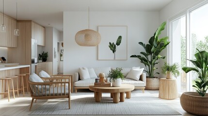 Fototapeta premium A stylish living room decorated in Scandinavian style, featuring light wood furniture, white walls, and green plants that bring a touch of nature indoors.