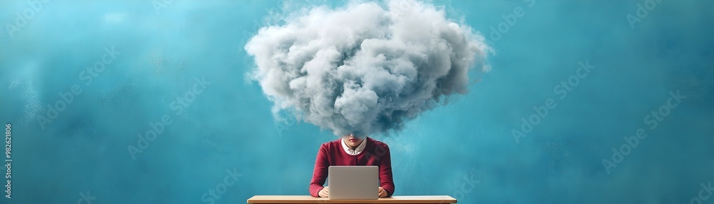 Aufkleber conceptual image of a person brainstorming ideas with thought clouds forming above their desk