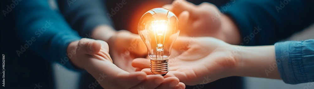 Poster hands passing glowing lightbulb symbolizing innovative idea sharing and teamwork concept