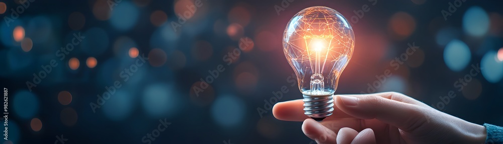 Poster hand pointing at floating holographic lightbulb representing high tech innovation and professional g