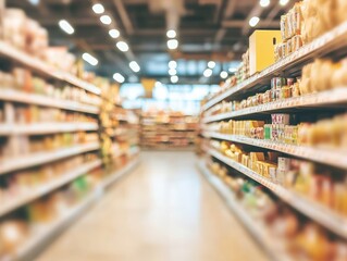 supermarket, blurred photo of a supermarket aisle and shelves