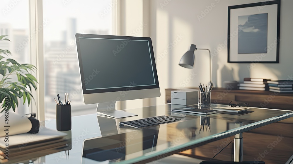 Poster a tidy workspace with a glass desk, desktop computer, and a few office essentials. the clear, minima
