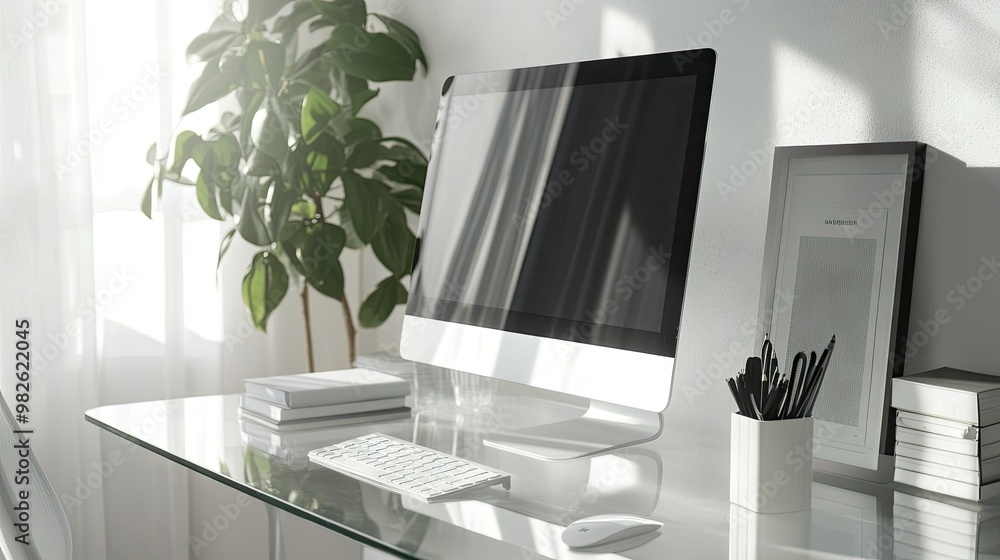 Poster a tidy workspace with a glass desk, desktop computer, and a few office essentials. the clear, minima