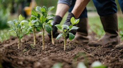 A tree planting ceremony with several saplings in the ground. The open, natural background offers plenty of room for text about the event.