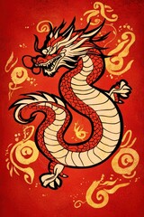 Chinese Dragon Illustration on Red Background