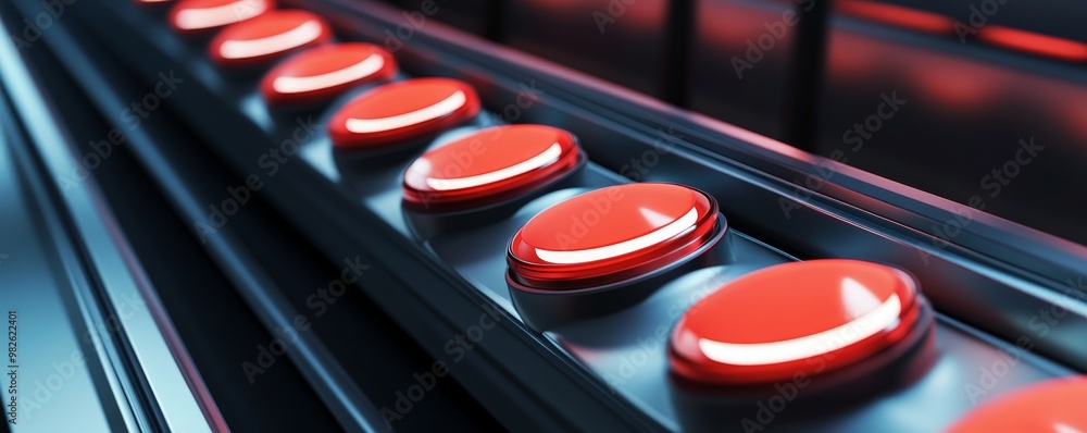 Poster close-up of glossy red buttons on a modern control panel, showcasing sleek design and functionality 