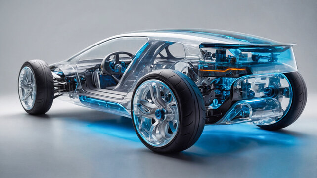Digital rendering of a transparent high tech electric car