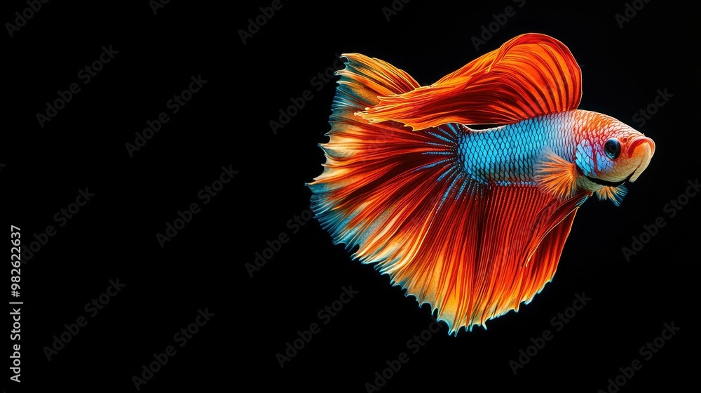 Poster a vibrant betta fish displaying its full fin spread against a clean water background. the empty spac