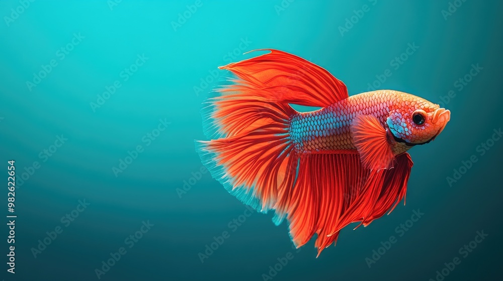 Poster a vibrant betta fish displaying its full fin spread against a clean water background. the empty spac