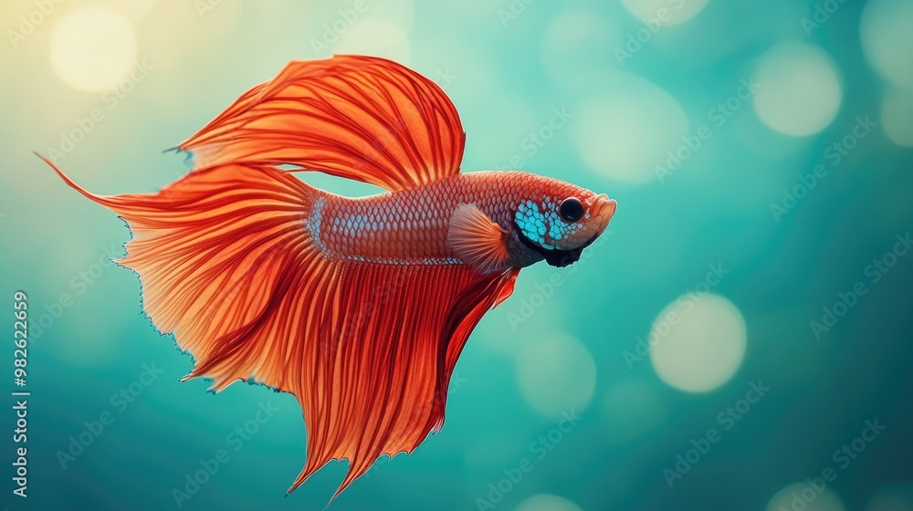Poster a vibrant betta fish displaying its full fin spread against a clean water background. the empty spac