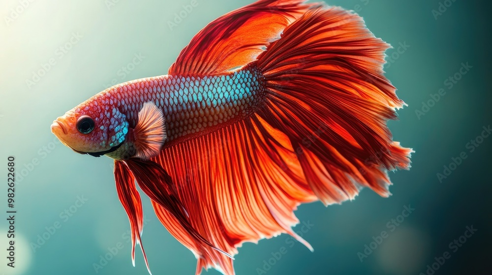 Poster a vibrant betta fish displaying its full fin spread against a clean water background. the empty spac