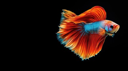 A vibrant betta fish displaying its full fin spread against a clean water background. The empty space around the fish allows for easy text placement.