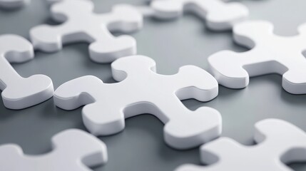 Close-up of white puzzle pieces on a gray background, symbolizing problem-solving and creativity. Perfect for design and education themes.