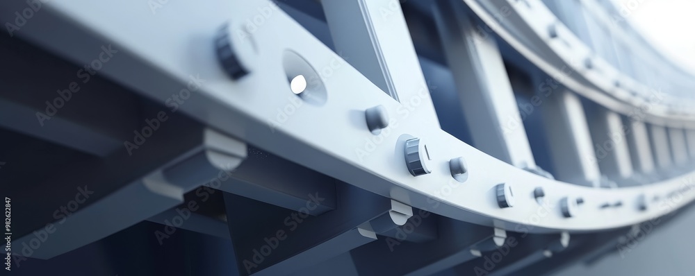 Poster close-up view of a metallic structure showcasing detailed bolts and curves, emphasizing industrial d