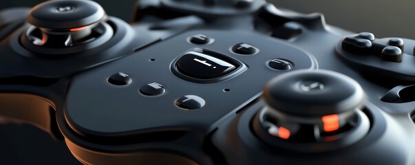 Close-up view of a modern black gaming controller with buttons and joysticks, perfect for gaming enthusiasts and technology lovers.
