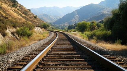 Fototapeta premium A view of railway tracks curving through a mountainous region with a clear, open sky. The unobstructed space around the tracks allows for easy text addition.