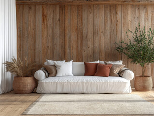 Cozy living room with white sofa, decorative pillows, and woven accents against wooden wall in a bright, minimalist atmosphere