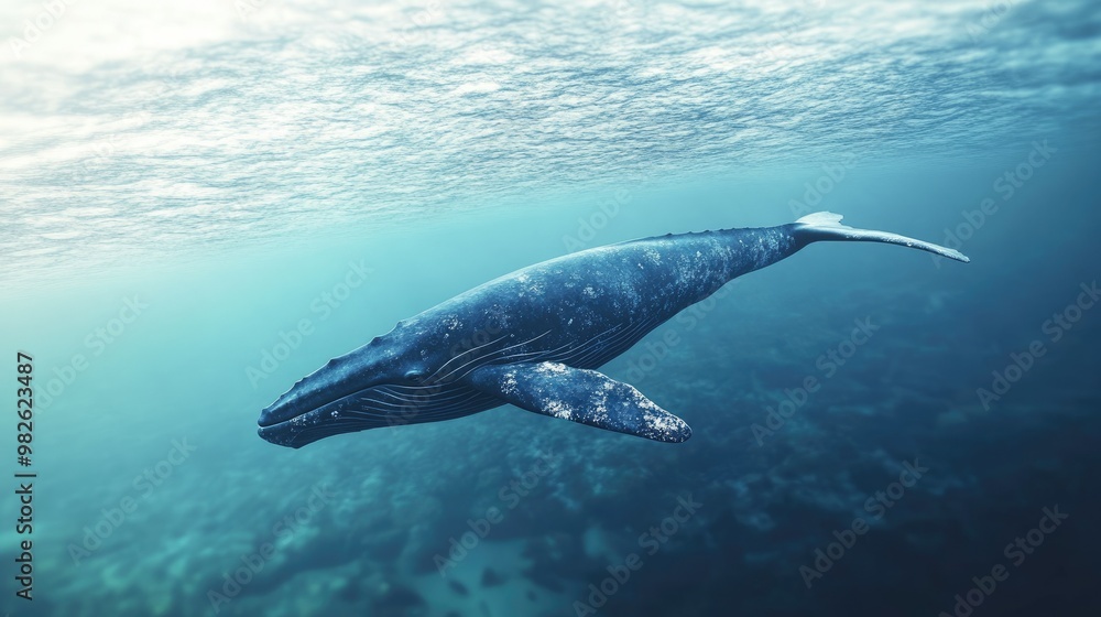 Poster a whale gliding smoothly through the water with a clean, expansive ocean background. the ample open 