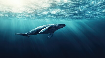 Obraz premium A whale diving into the depths of the ocean with a clear, unobstructed water surface above. The space around the whale is ideal for adding text.